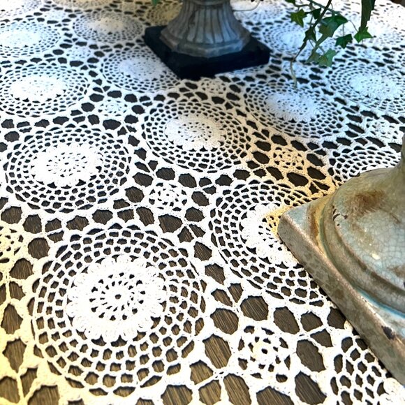 Crocheted Vintage Tablecloth-Handmade-Ivory/Cream-Approx. 68" x 108"-Rounded - Picture 9 of 10